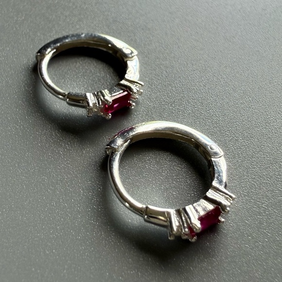 Sterling Silver Ruby Baguette Huggie Hoop Earrings 11mm - Picture 10 of 11